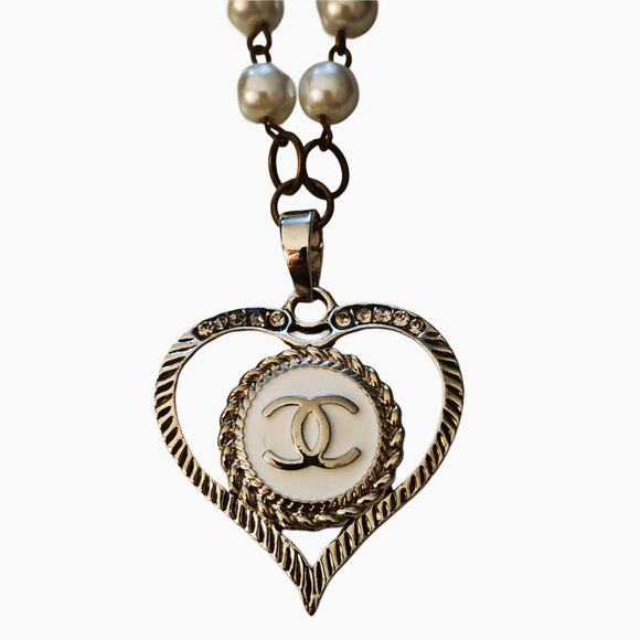 Upcycled Designer Button Heart Pendant on Pearl Rosary Style Necklace - Picture 3 of 5